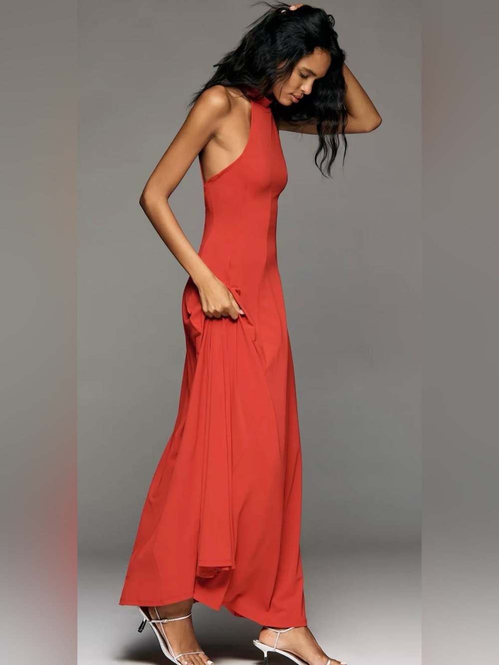 By Anthropologie Halter Open Back A-Line Maxi Dress Haute Red Formal Evening NWT - Picture 4 of 12